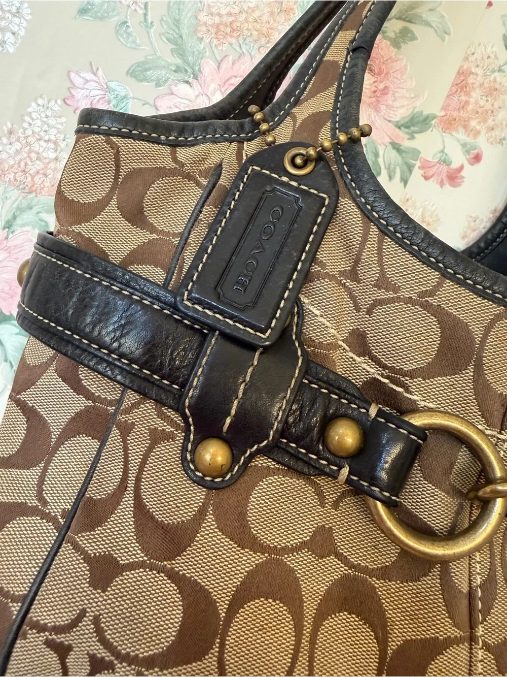 Y2k Coach Signature Canvas Brown Tote with Leather Trim